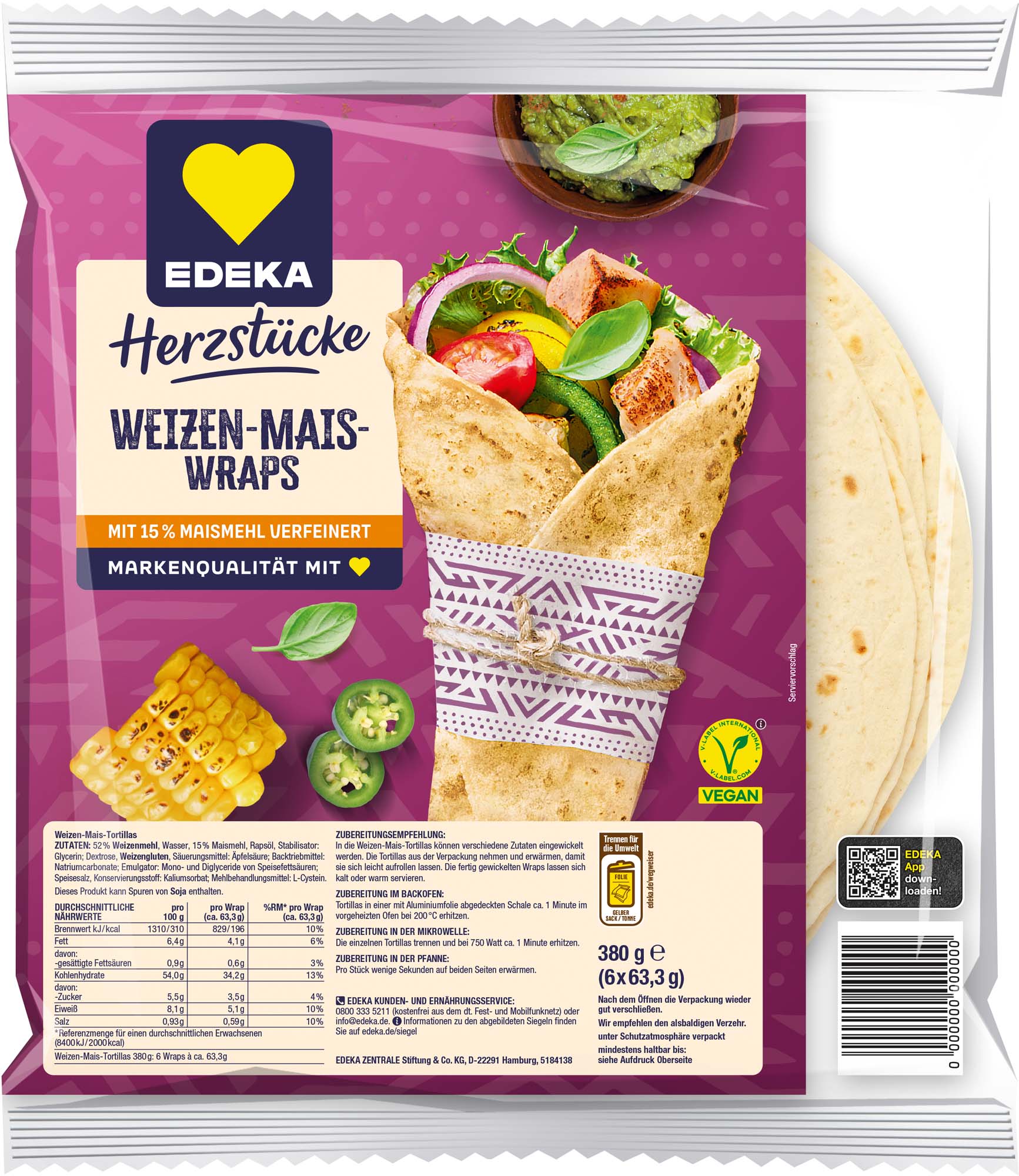 EDEKA Herzstücke Tortilla Wraps Mais 6ST 380g