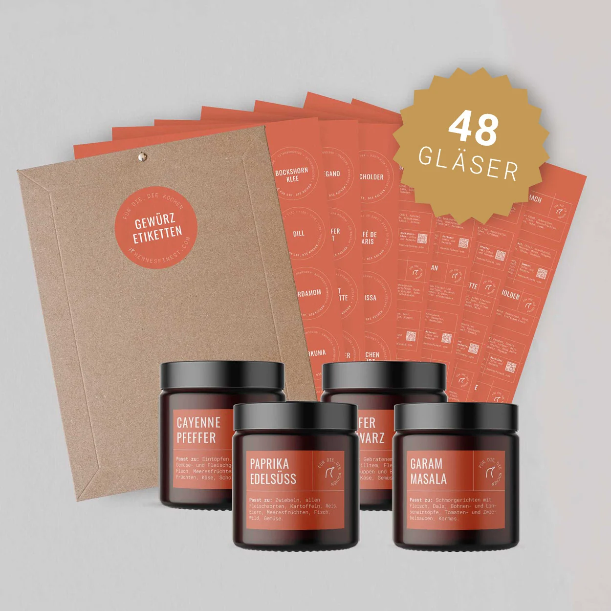 48 Gewürzgläser & Gewürzetiketten Koralle | Set
